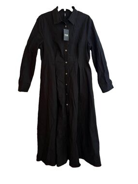 STYLEWE Black Button-Front Maxi Shirt Dress A-Line w/ Pockets